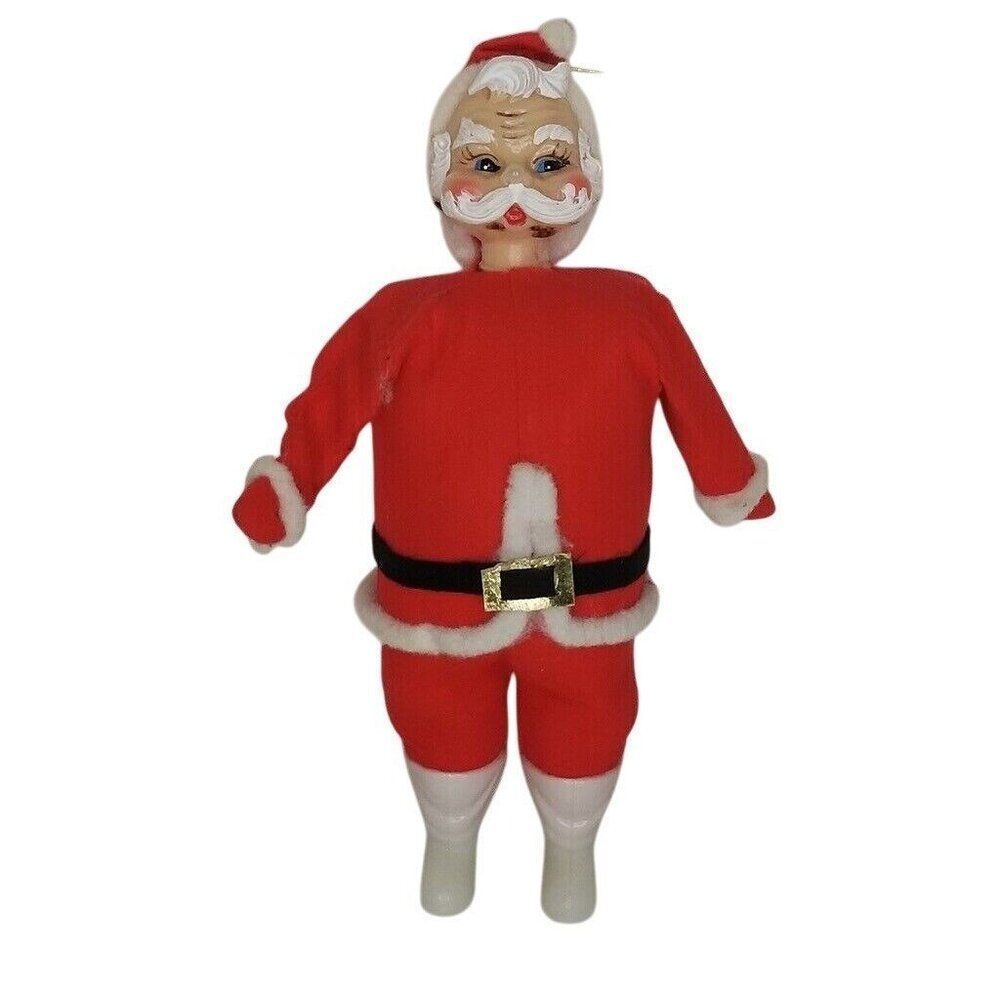 Vintage 60s Santa Claus Figure Felt Suit Plastic 10" White Boots Gloves Japan